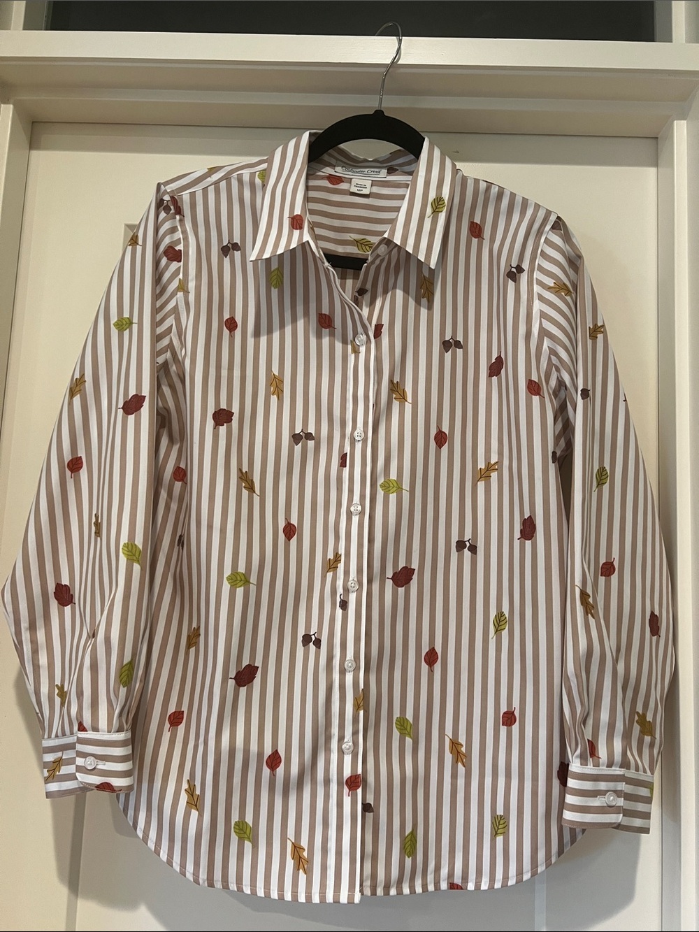 Coldwater Creek Striped Shirt with Leaf Accent in Brown and White